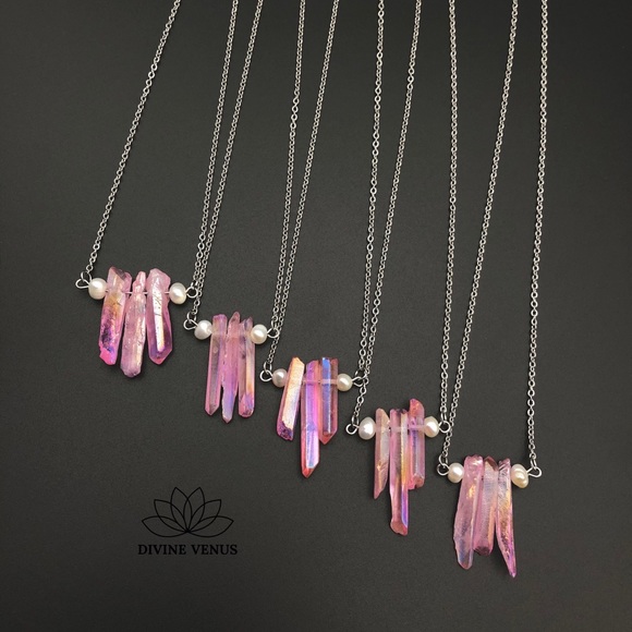 Angel Aura Pink Quartz x Pearls Necklace | Stainless Steel Chain - Picture 10 of 15